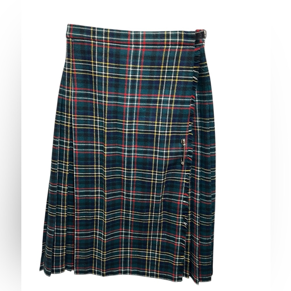 Vintage 70s Deans of Scotland Wool Tartan Kilt Skirt Size 6 Midi Plaid Green - Picture 3 of 8